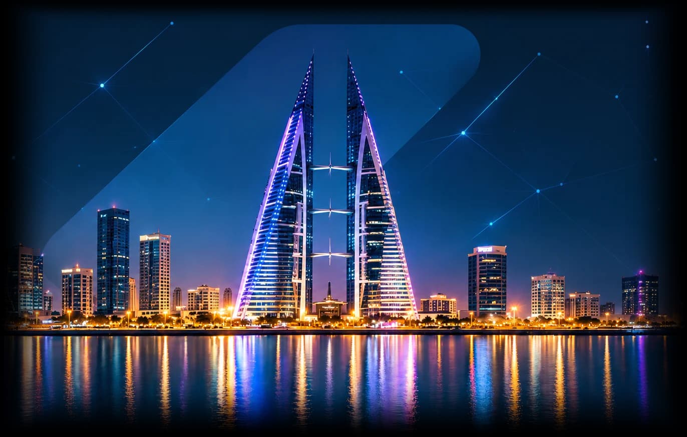Bahrain World Trade Center and the Manama skyline at night